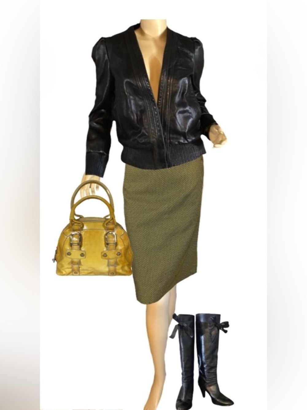 KASPER YELLOW & BLACK TWEED KNEE LENGTH SKIRT (18)